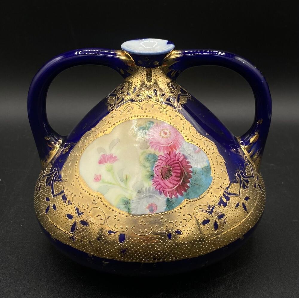 Antique Nippon Cobalt Blue Double Handle Vase Moriage Hand Painted Japan 5.5”